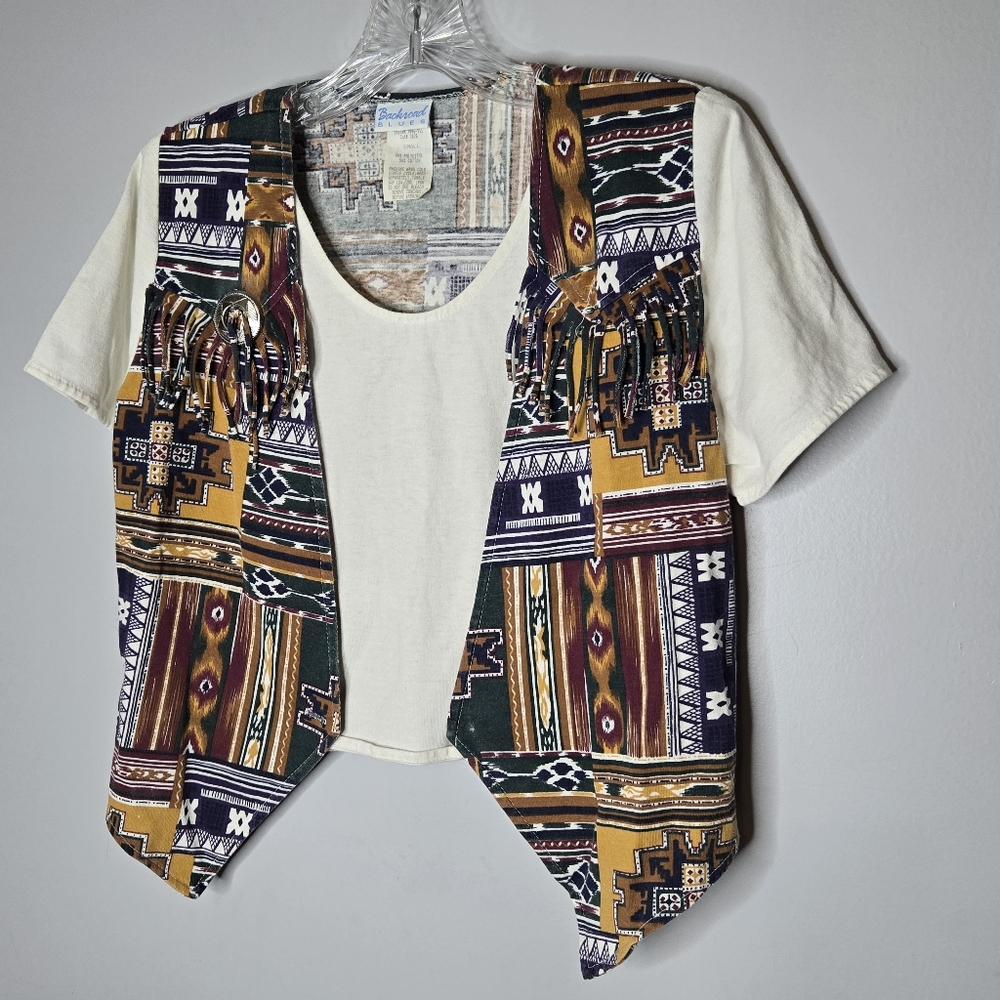 Vintage 90s Backroad Blues‎ Southwestern Vest Sewn Tshirt Crewneck Small Womens - Picture 4 of 10